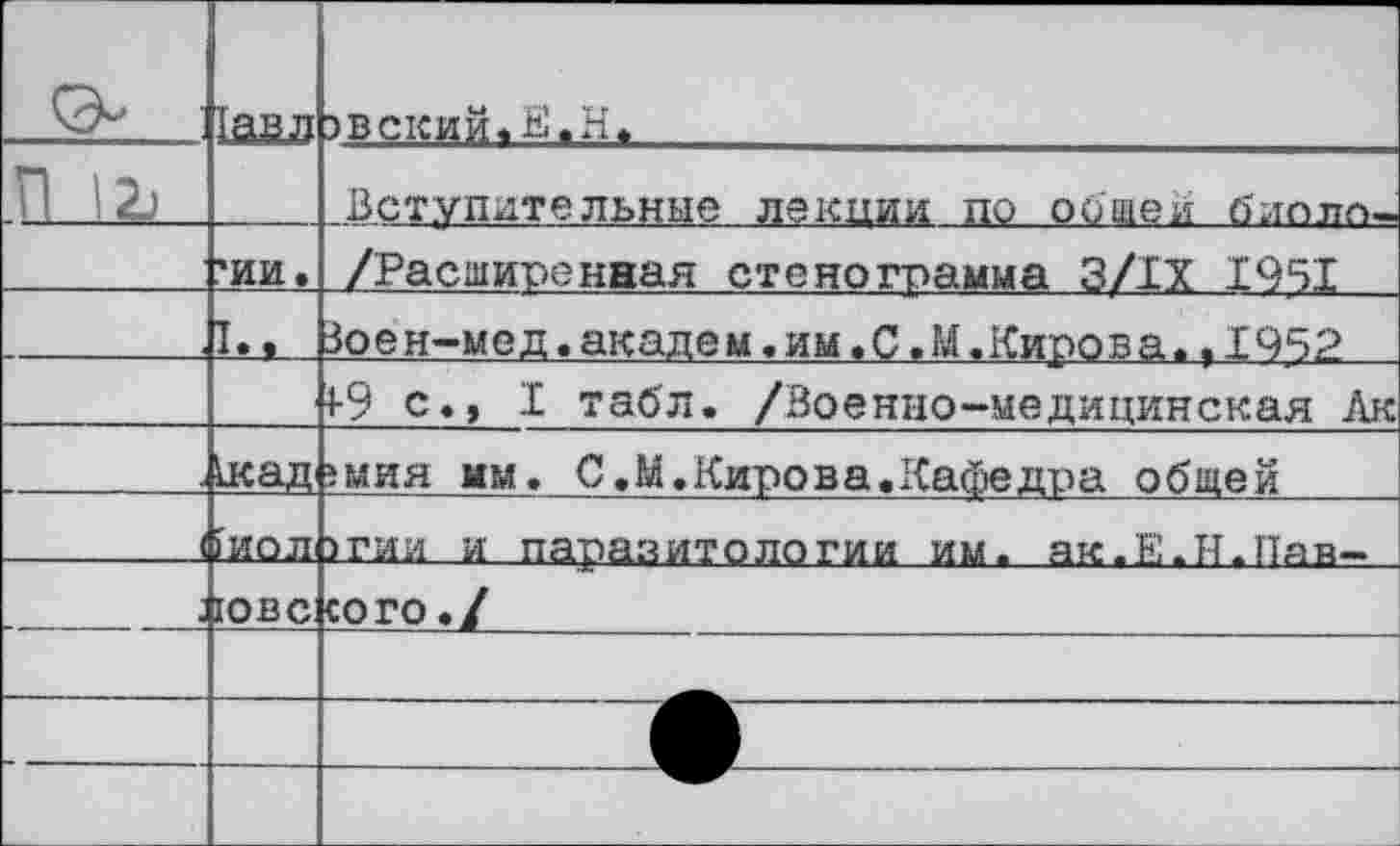 ﻿П I2j	1ав л	эвекций,Ht	 Вступительные лекции по обвей билля-
	'ИИ.	/Расширенная стеноггамма 3/IX 1951
		Зое н-мед.академ.им.С.М.Киров а..1952
		1-9 с., I табл. /Военно-медицинская Ак
	1кад	}мия мм. С.М.Кирова.Кафедра общей
	1	(код	>гии и паразитологии им. ак.Е.Н.Пян-
	IOBC	сото./
		
		
		